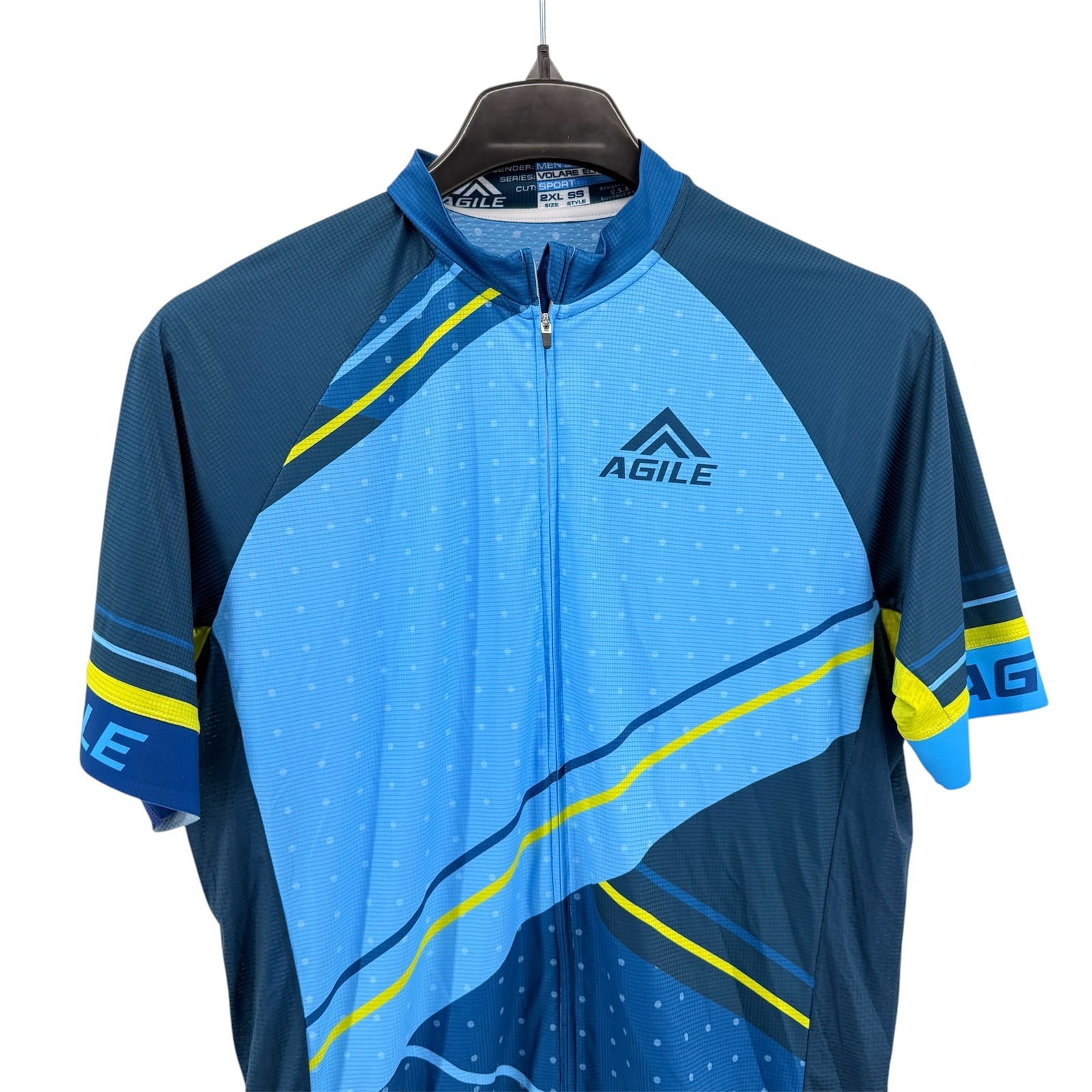 Agile Volare Elite Cycling Jersey Mens 2XL Pre-Owned SS Blue Geometric Full Zip