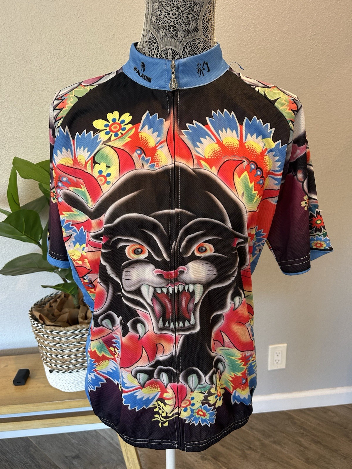 Paladin Floral Panther Tattoo Cycling Jersey Mens Sz 2XL Full Zip Hippie EUC