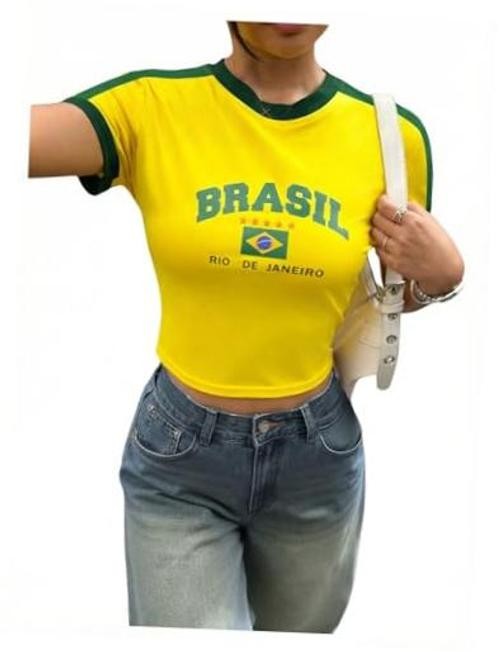 Women’s Brazil Shirt Crop Top Crewneck Vintage Short Sleeve X-Large Yellow
