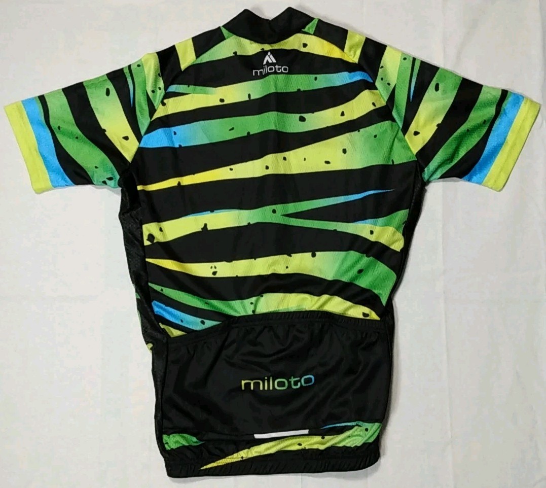 NEW Mens L Miloto Cycling Jersey Full Zip Pockets Black Yellow Green Multicolor