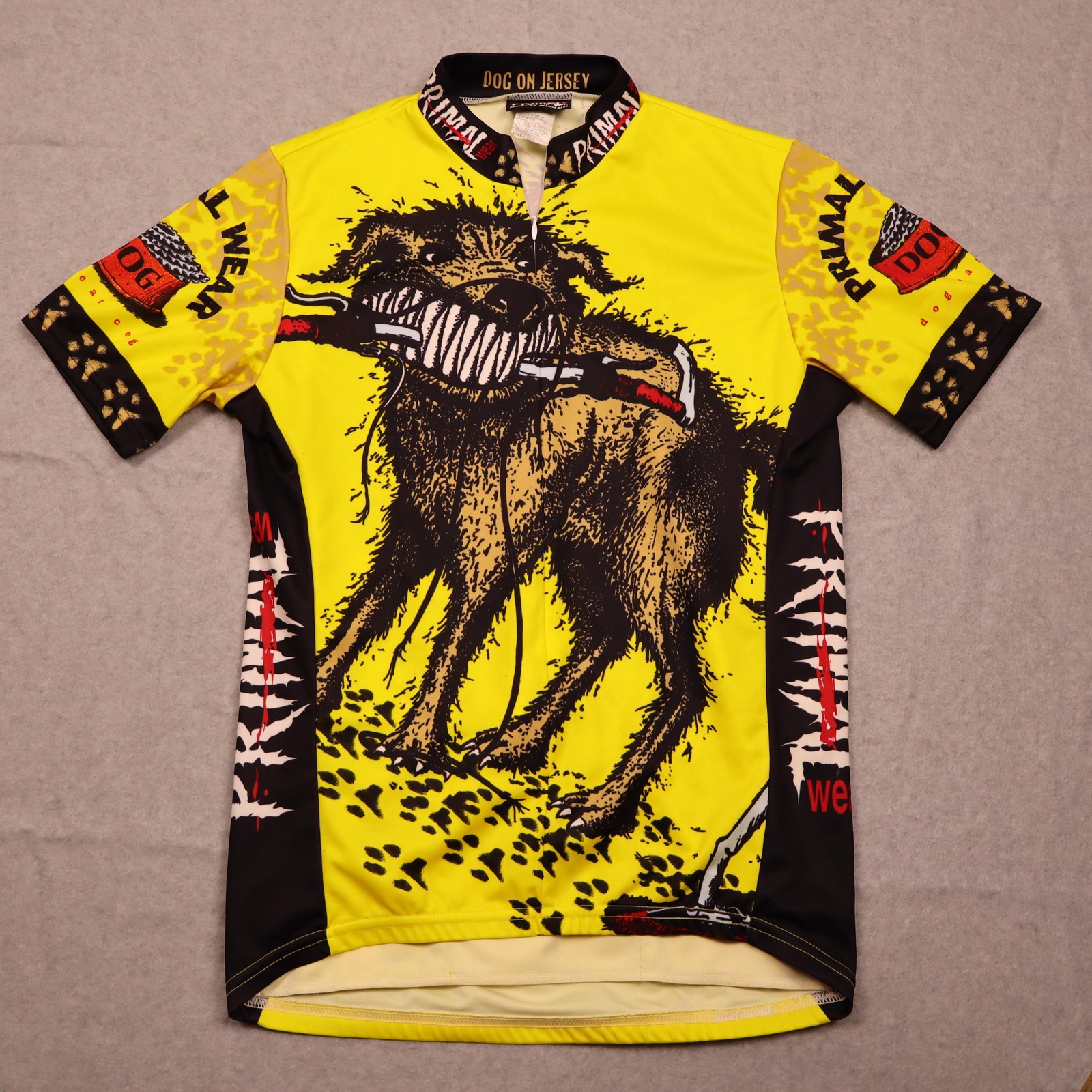 Primal Wear Cycling Jersey Mens Medium Yellow Top Dog Eat Cog Graphic Full Zip