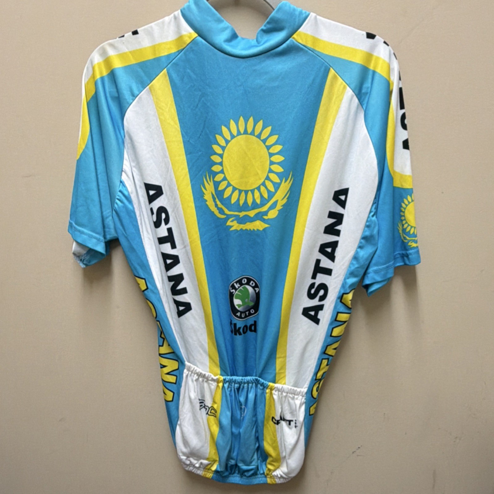 Astana Craft UCI Pro Tour Cycling Jersey XL Blue Yellow Short Sleeve Collared