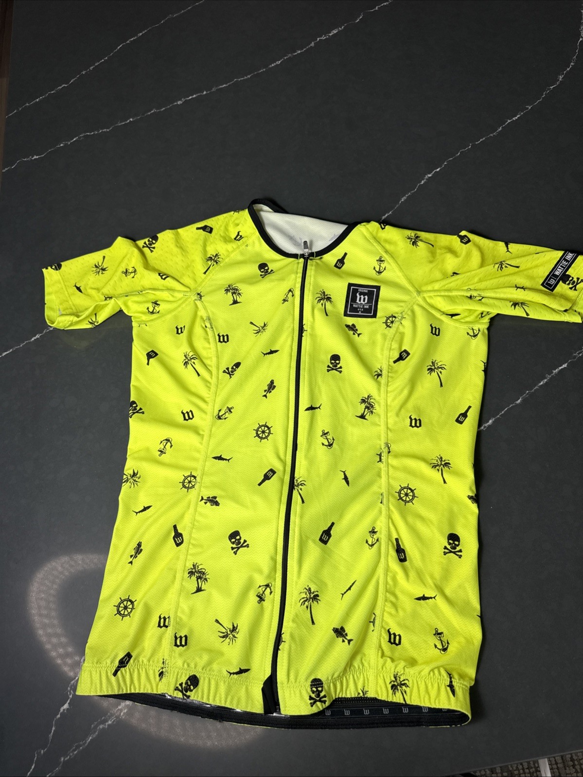 Wattie Ink Women Cycling Jersey Medium Neon Yellow And Black Pirate Skull Print