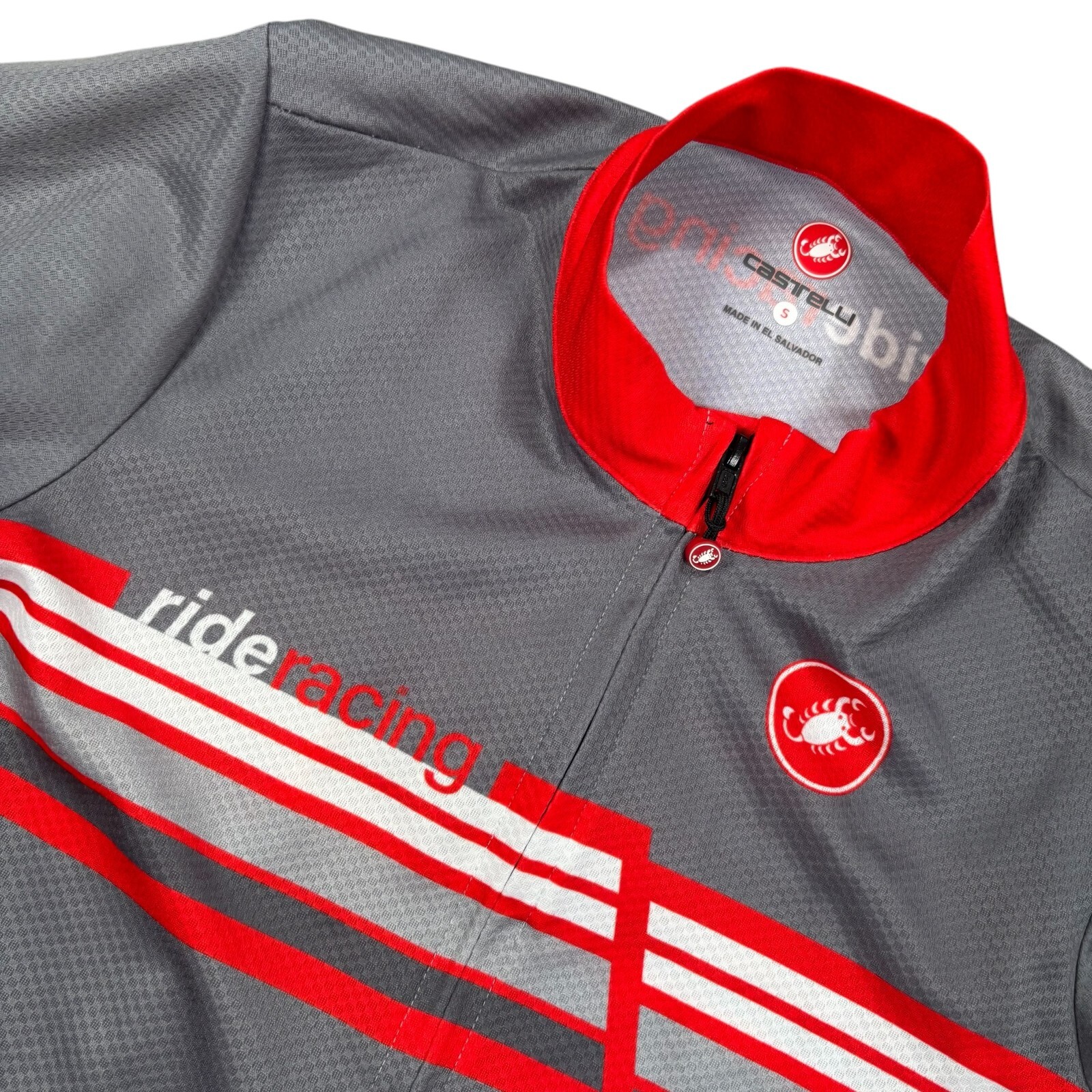 Castelli Men’s Gray Ride Racing Full Zip Mock Neck Back Pocket Jersey Size Small