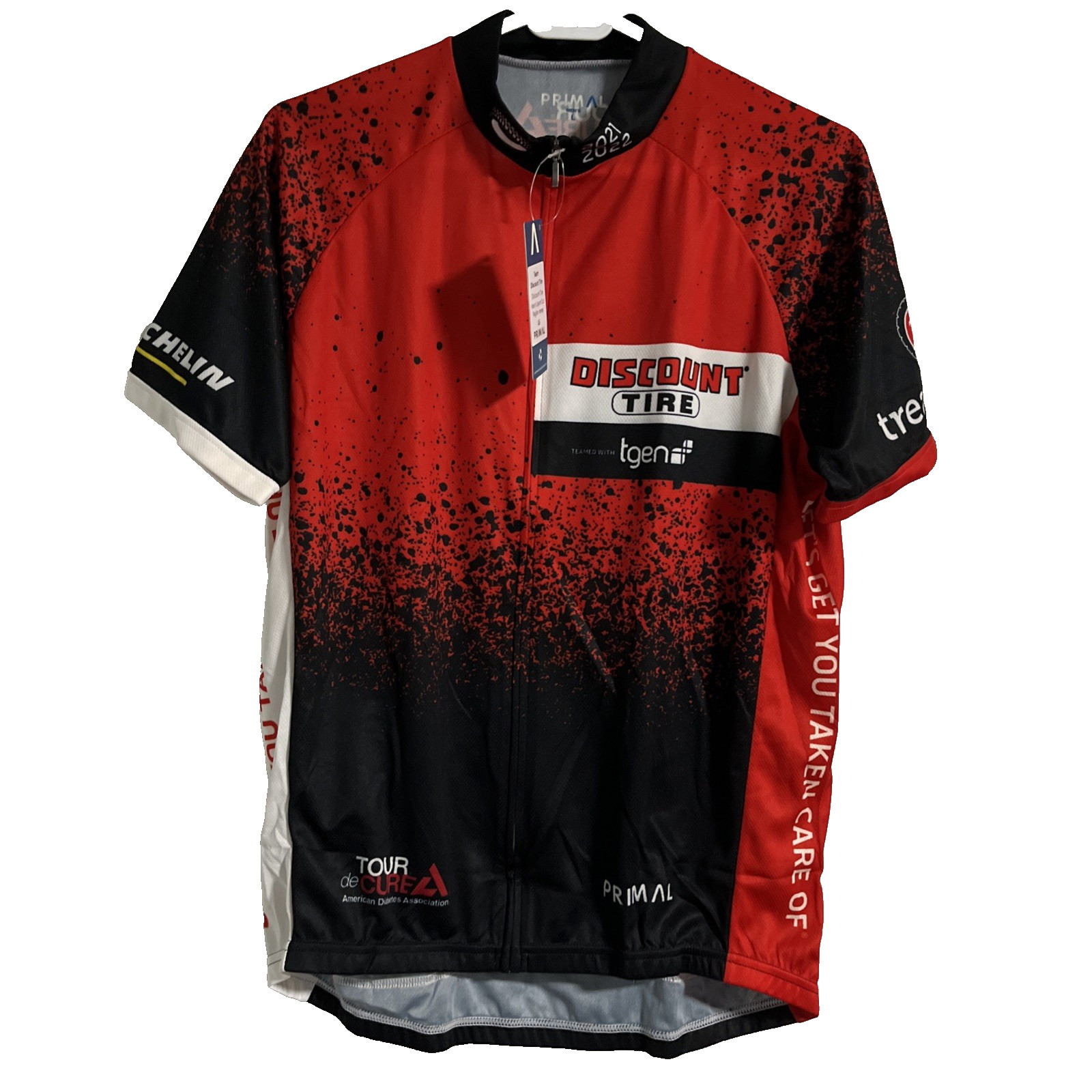 Discount Tire Cycling Jersey Mens L Red Primal Wear Michelin Man NWT 2021-22
