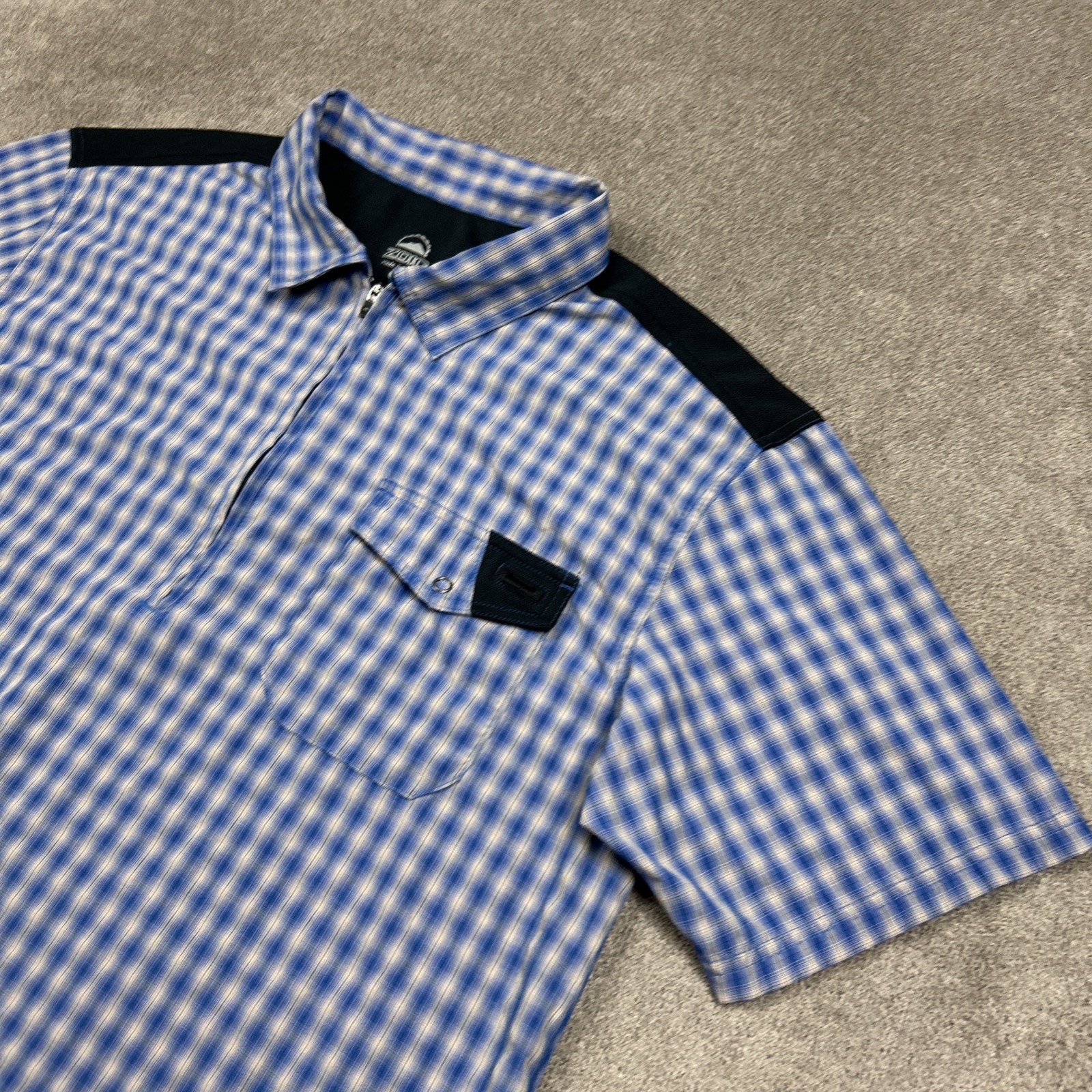 Zoic Cycling Shirt Mens Medium Blue Plaid 1/4 Zip Mountain Bike Polo Pockets