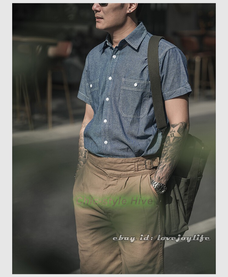 NON STOCK Chambray Short Sleeve Shirt Classic Men’s Regular Fit Workshirt Blue