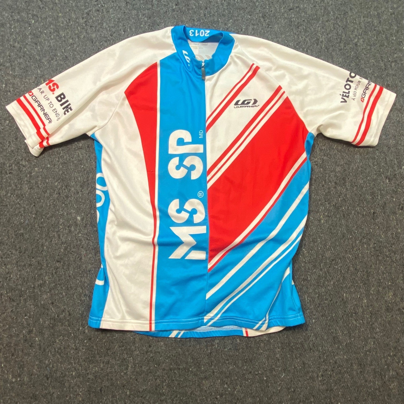 Louis Garneau Cycling Jersey M Mens Blue Red MS Bike Tour Short Sleeve Zip