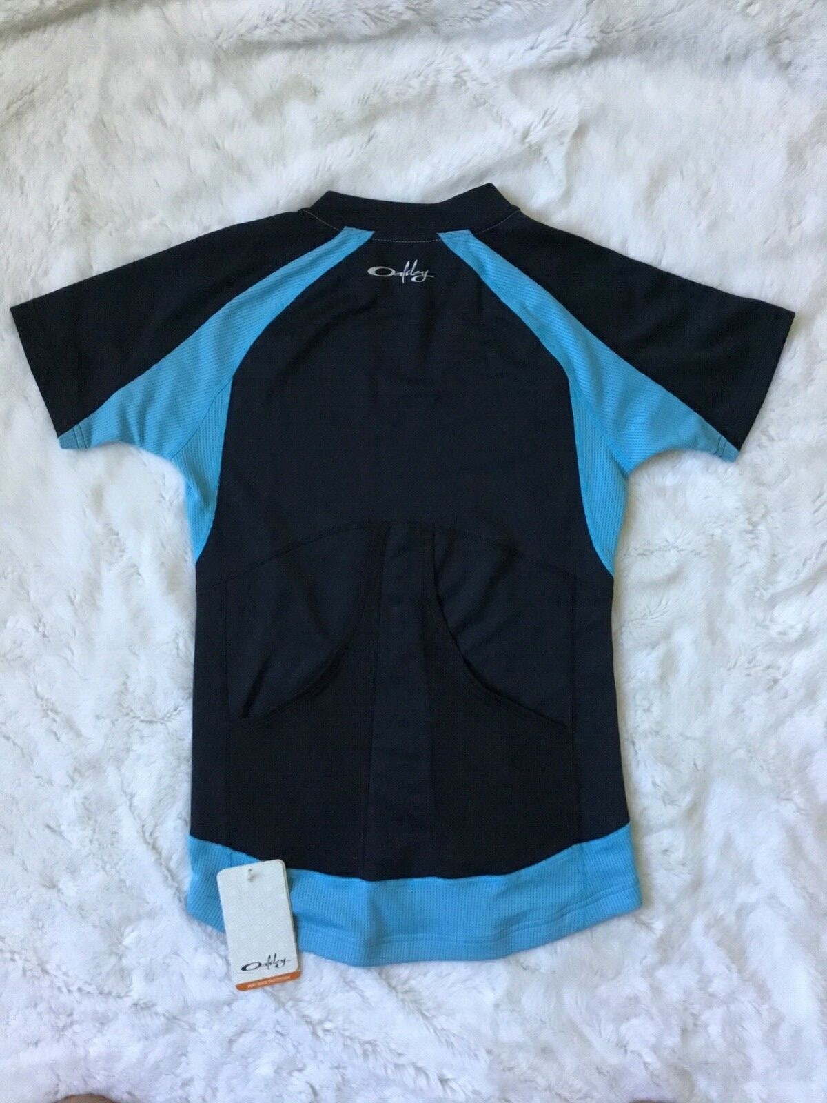 New Oakley Womens Cycling Jersey Small Short Sleeve Blue Black Gray 2 Pocket