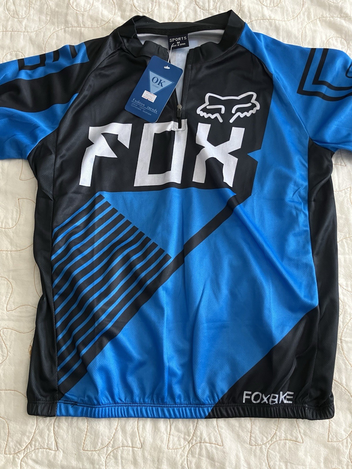 Fox Bike By Sports Cycling Shirt Zip Front Size Medium Blue White Pocket Back