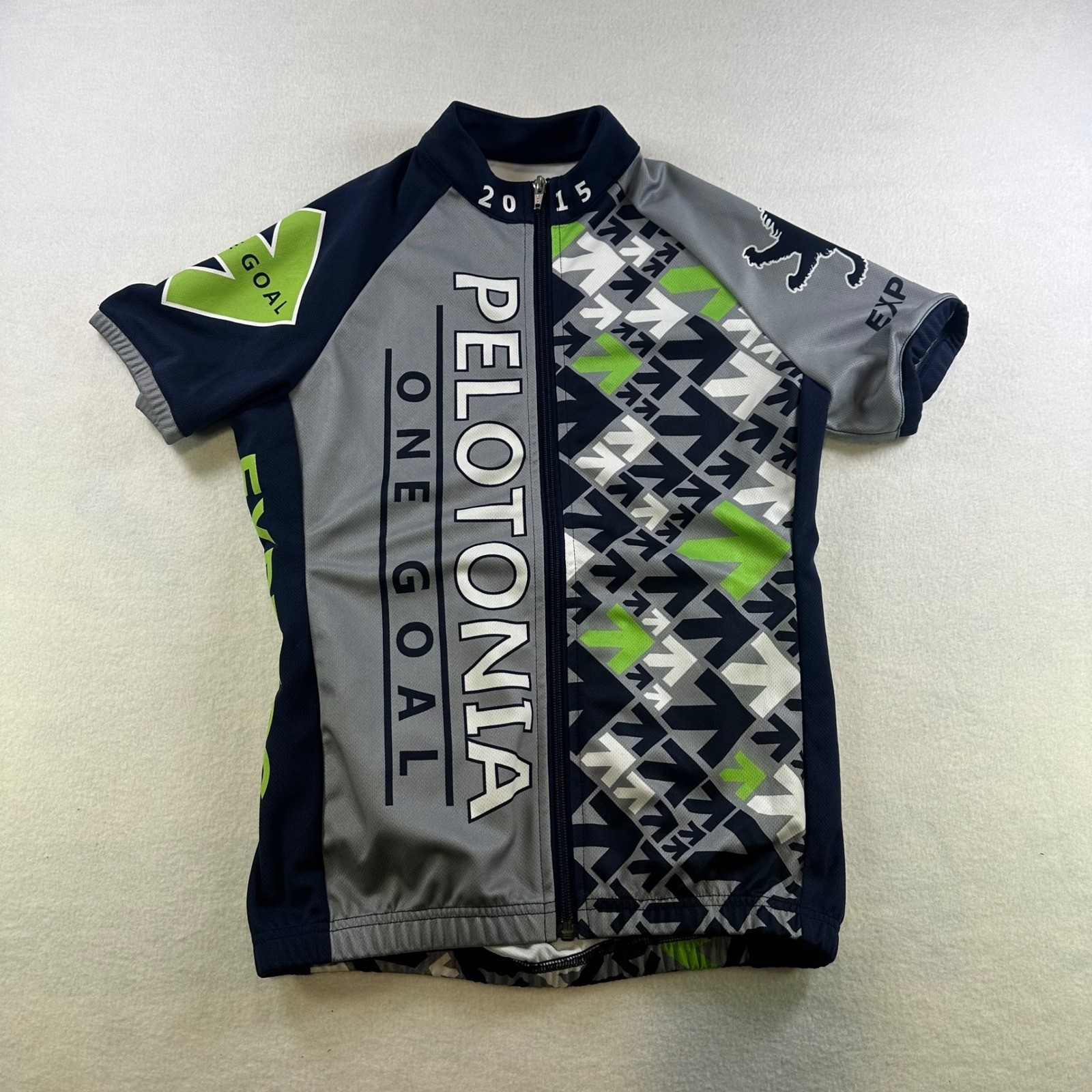 Express Pelotonia 2015 Cycling Jersey Mens Small Full Zip Grey Navy Green S