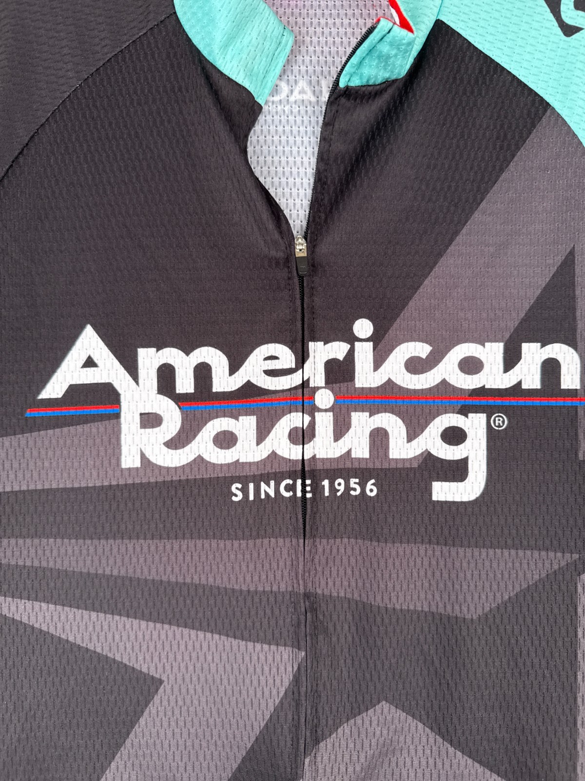 Panache Cycling Jersey Women Large Black Teal American Racing Full Zip Polyester