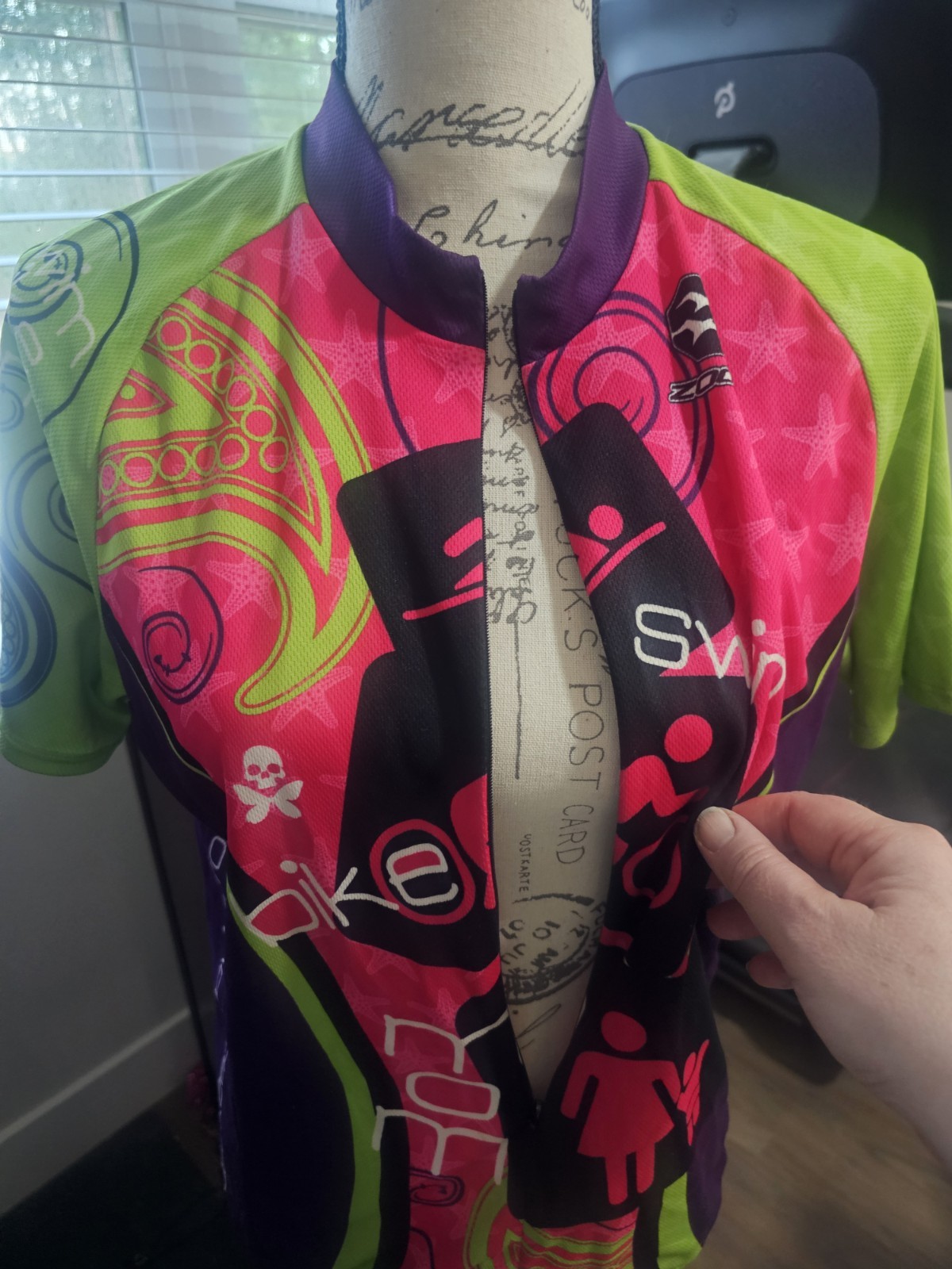 Women’s XL Purple/Pink “Swim, Bike, Mom” 3/4 Zip Aero Cut Zoca Cycling Jersey