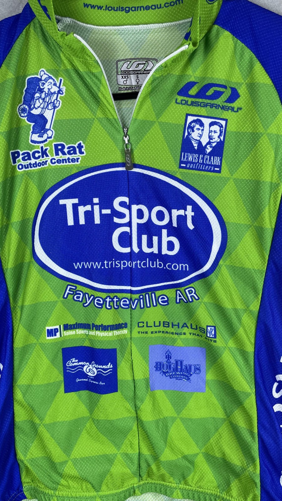Louis Garneau Tri-Sport Club Fayetteville Cycling Jersey Mens XS Green USA Made