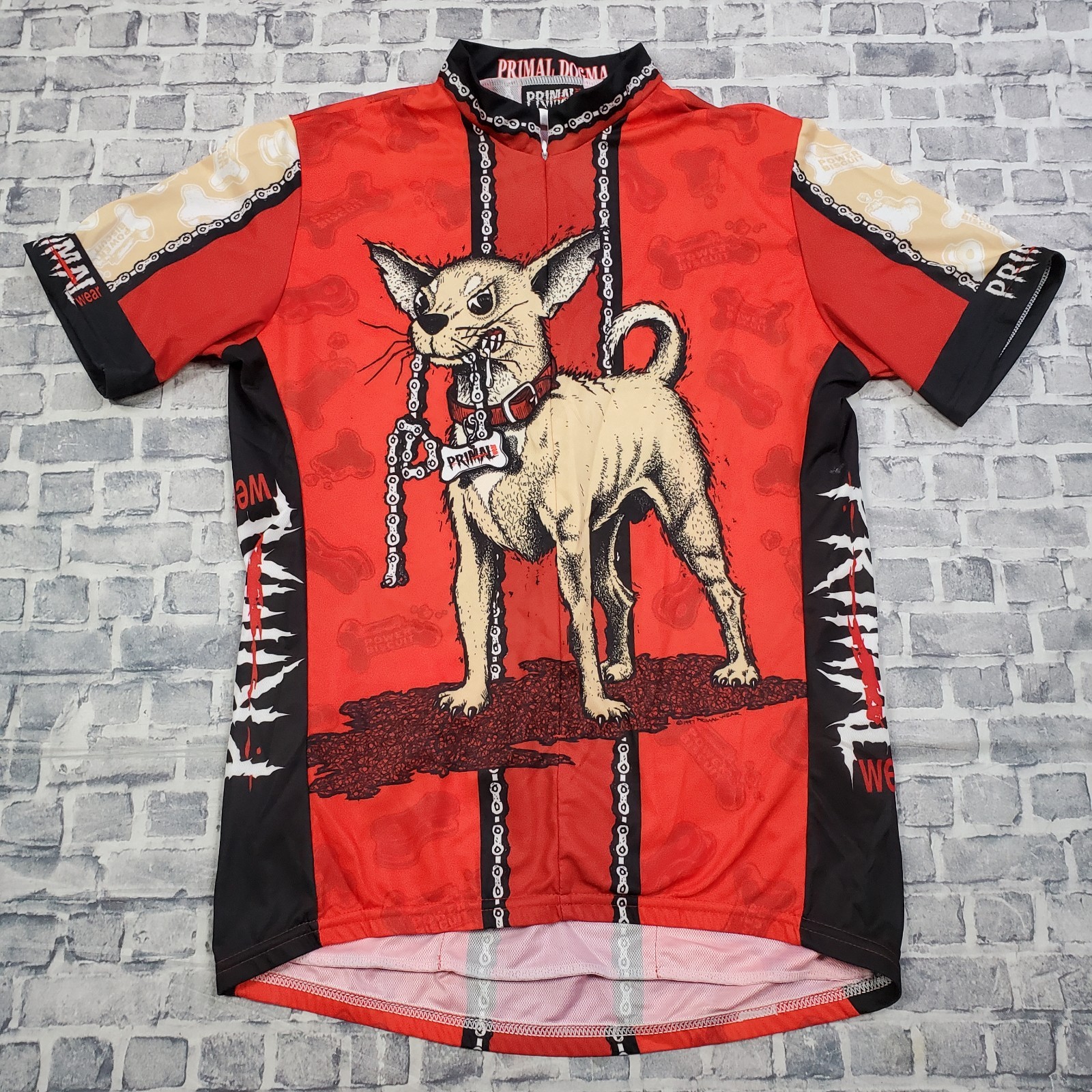 Vtg 90s Primal Wear Dogma Cycling Jersey Mens Large Power Biscuit Dog Zip AOP