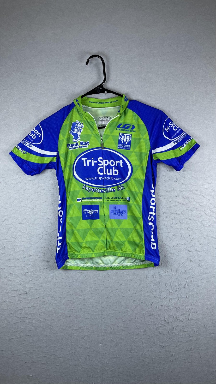 Louis Garneau Tri-Sport Club Fayetteville Cycling Jersey Mens XS Green USA Made