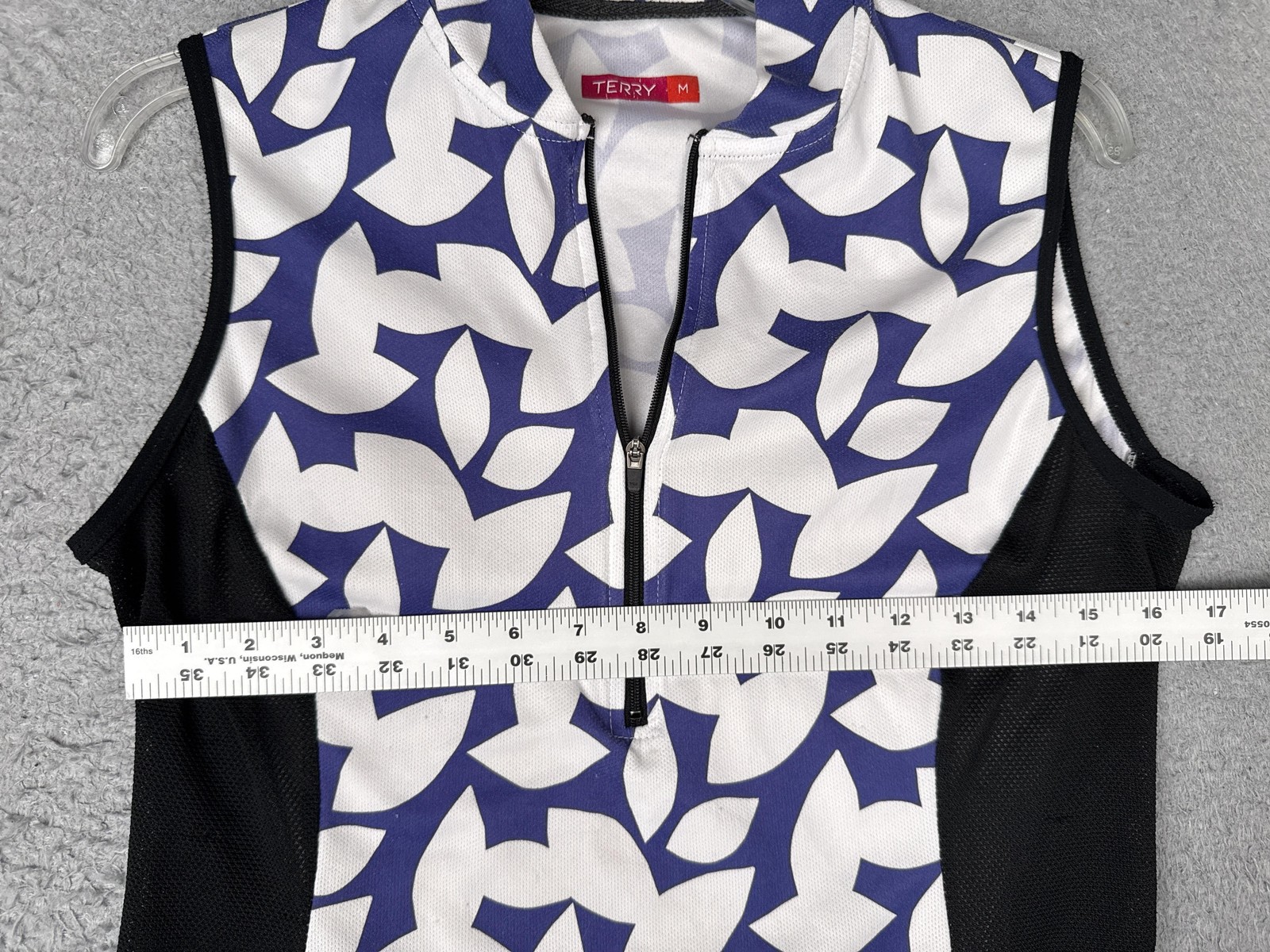 Terry Cycling Jersey Womens Medium Blue Floral Tank 1/4 Zip Pockets Bike