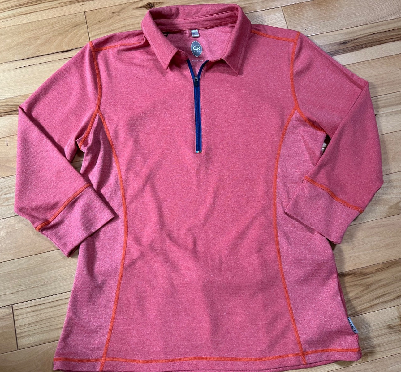 Club Ride Women’s Sz L Cycling Shirt Top 3/4 Sleeve Orange 1/4 Zip Pockets Vent