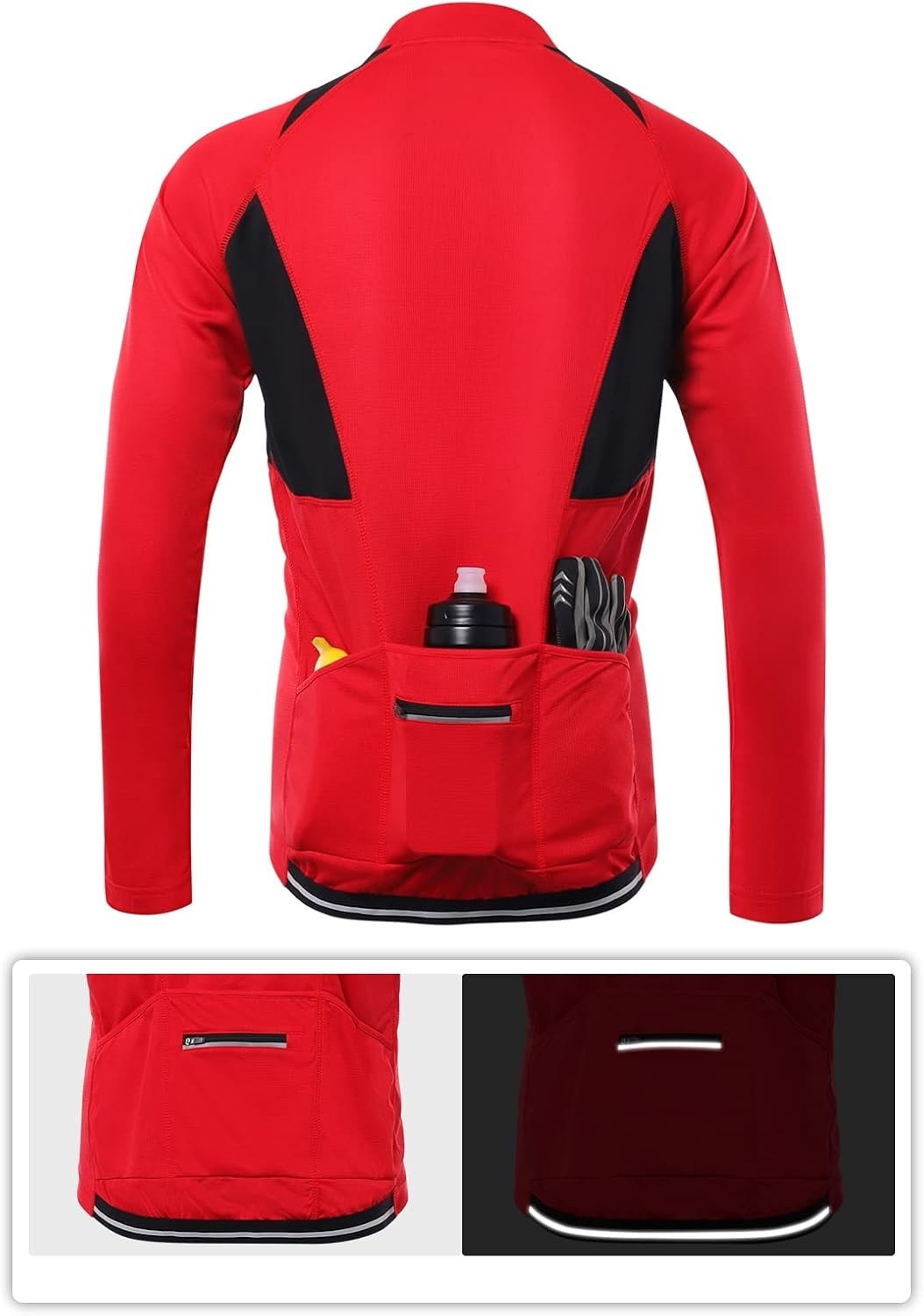 High Neck Long Sleeve Cycling Jersey for Men – Lightweight with 4 Pockets in Red