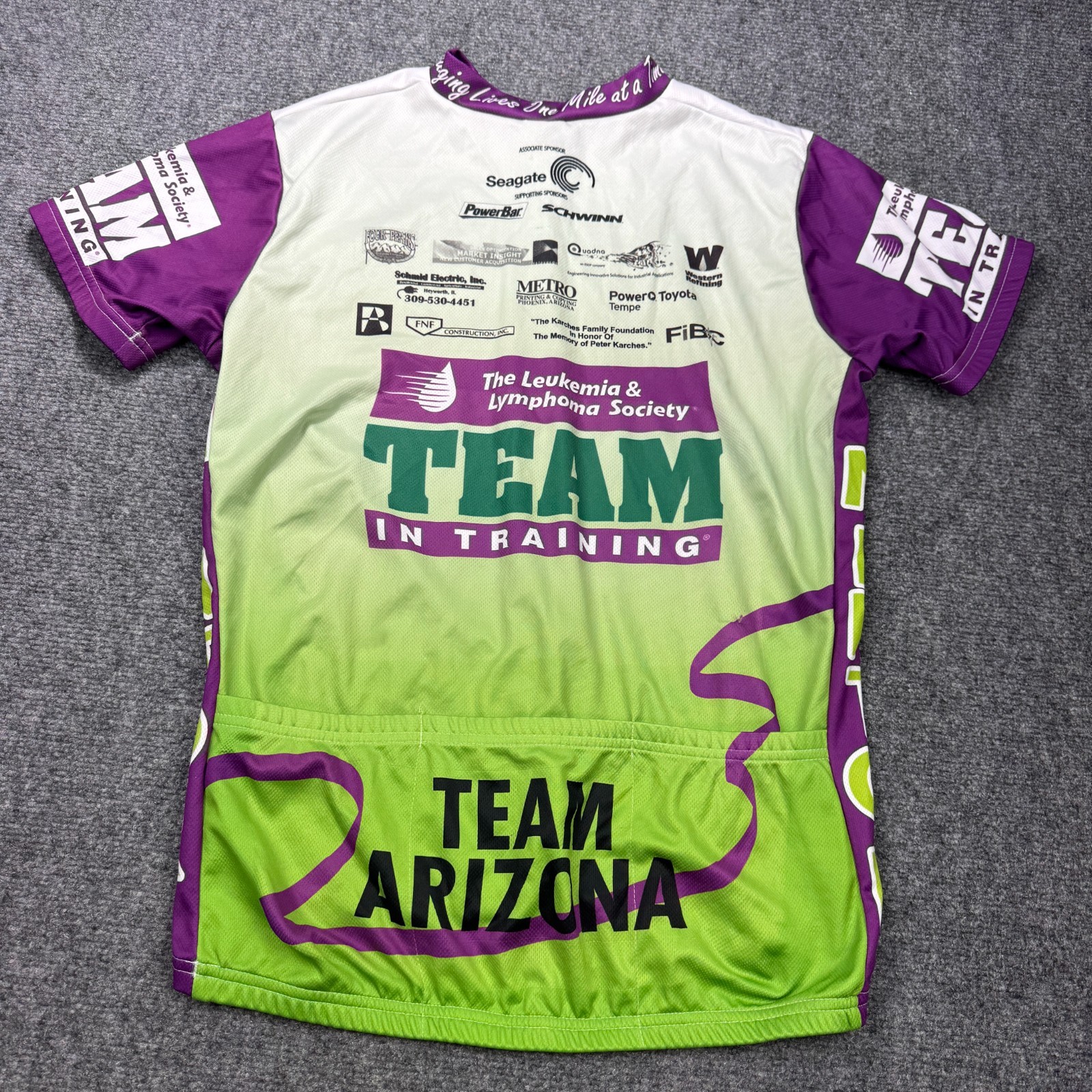 Team in Training Cycling Jersey Mens Medium Green Half Zip Back Pockets Arizona