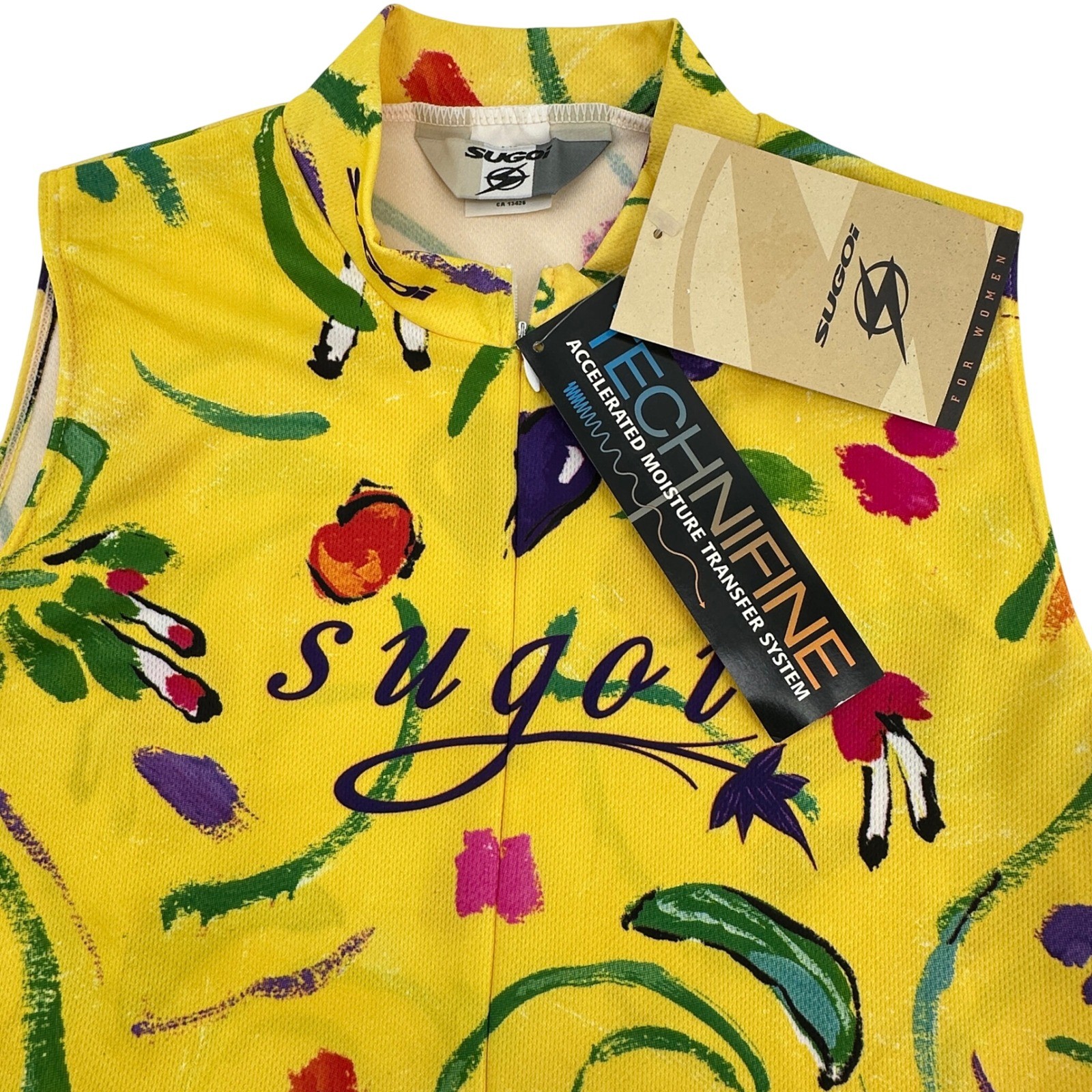 Sugoi Cycling Jersey Women Large Yellow Floral Technifine Sleeveless NEW Zip Top
