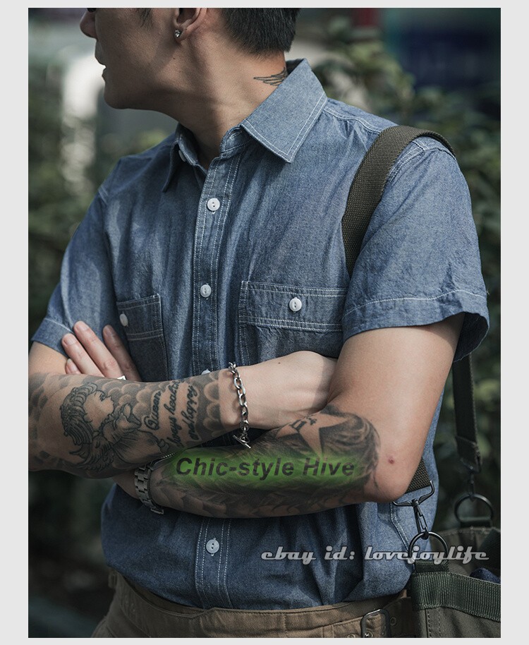 NON STOCK Chambray Short Sleeve Shirt Classic Men’s Regular Fit Workshirt Blue