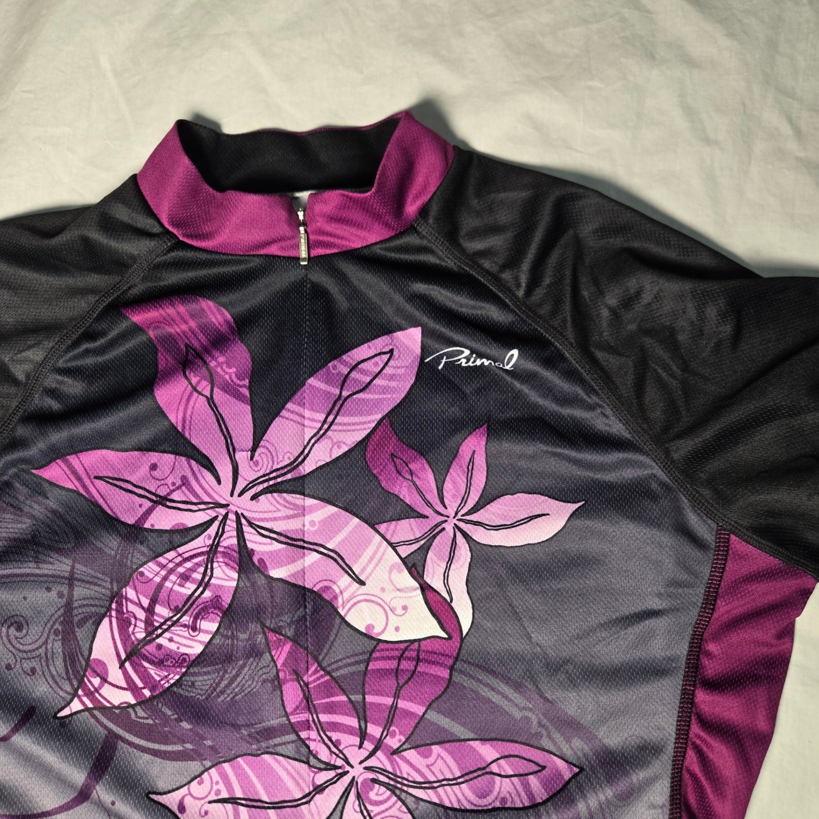 Primal Womens Cycling Jersey Purple Floral Short Sleeve Quarter Zip Size Medium