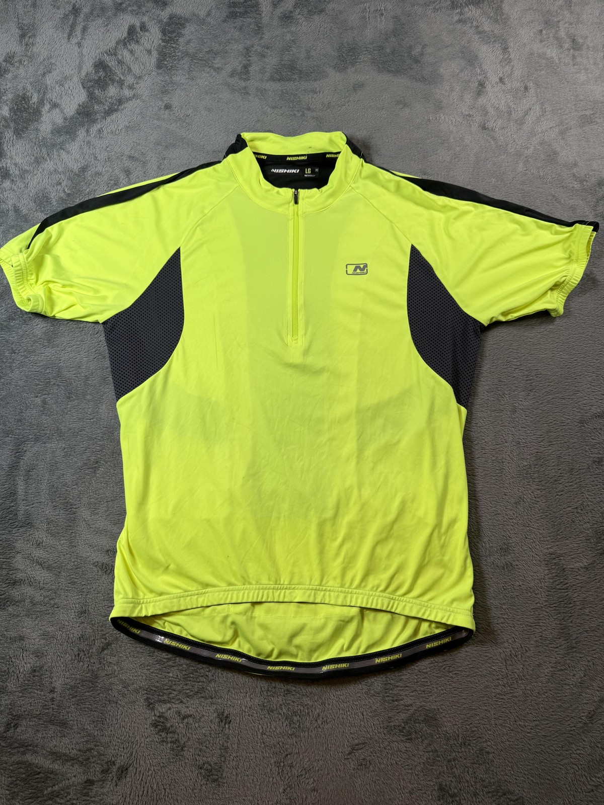 Nishiki Cycling Jersey Mens Large Yellow Black 1/4 Zip Short Sleeve Pockets