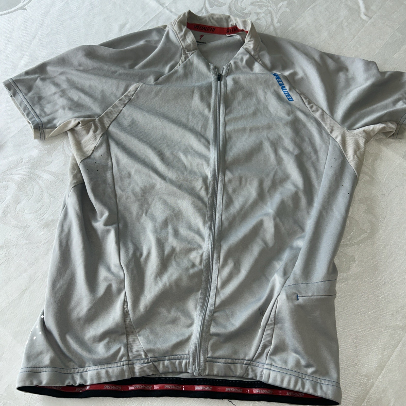 Specialized Mens XL Cycling Jersey Grey Tan Full Zip Short Sleeve Rear Pockets