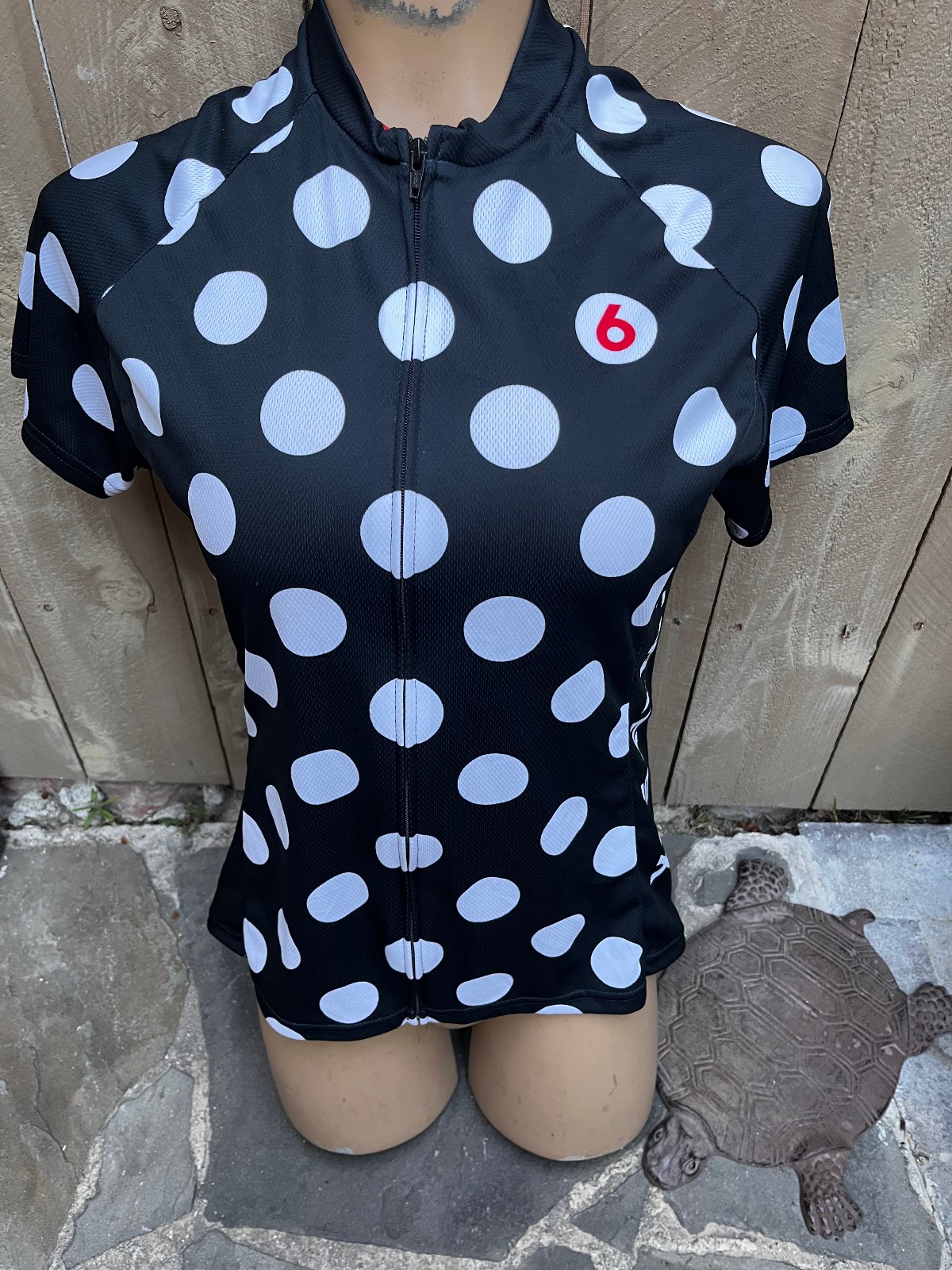 Twin Six Black/White Polka Dots w/ Red Trim Short Sleeve Full Zip Cycling Jersey