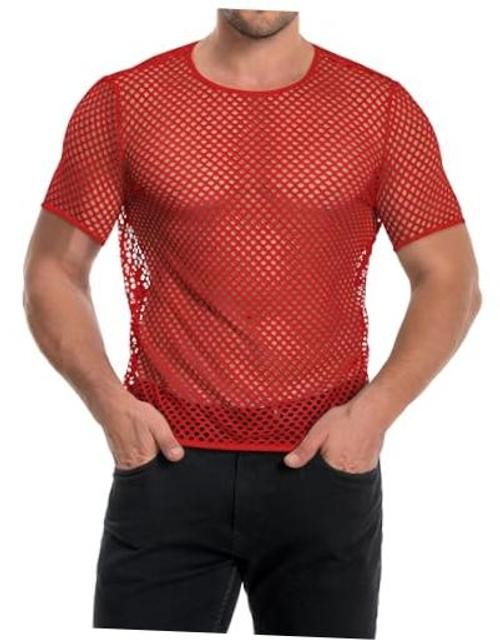 Men’s Mesh Fishnet Top Short Sleeve Sheer See Through T Shirt Fitted Large Red