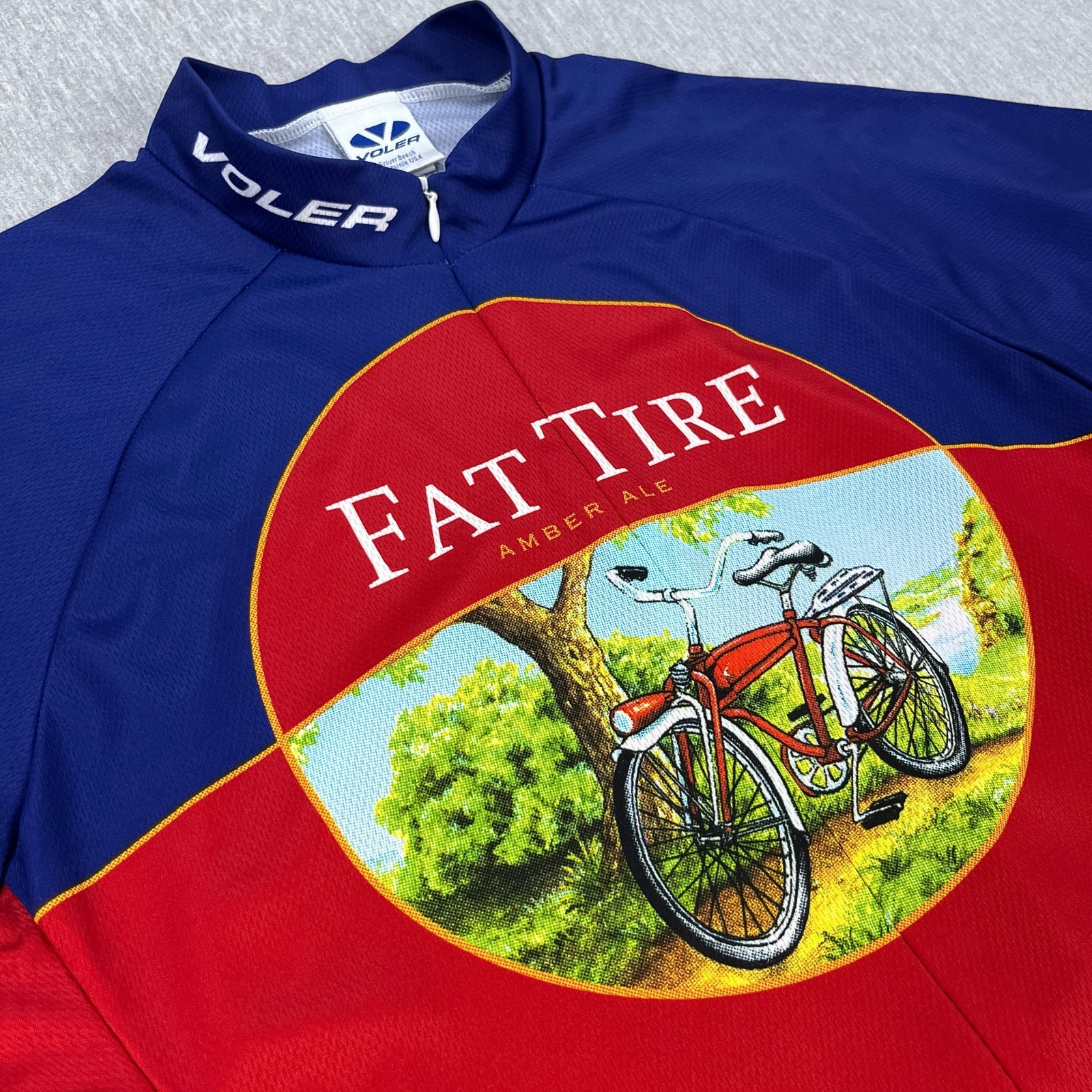 Vintage Voler Fat Tire Ale Cycling Jersey Men M Red Blue 3/4 Zip New Belgium USA