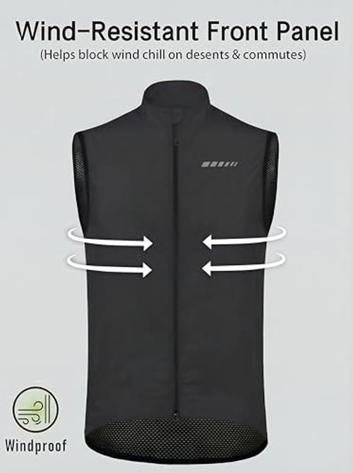 Men’s Windproof Cycling Vest, Full-Zip, 3 Rear Pockets | Sleeveless biking