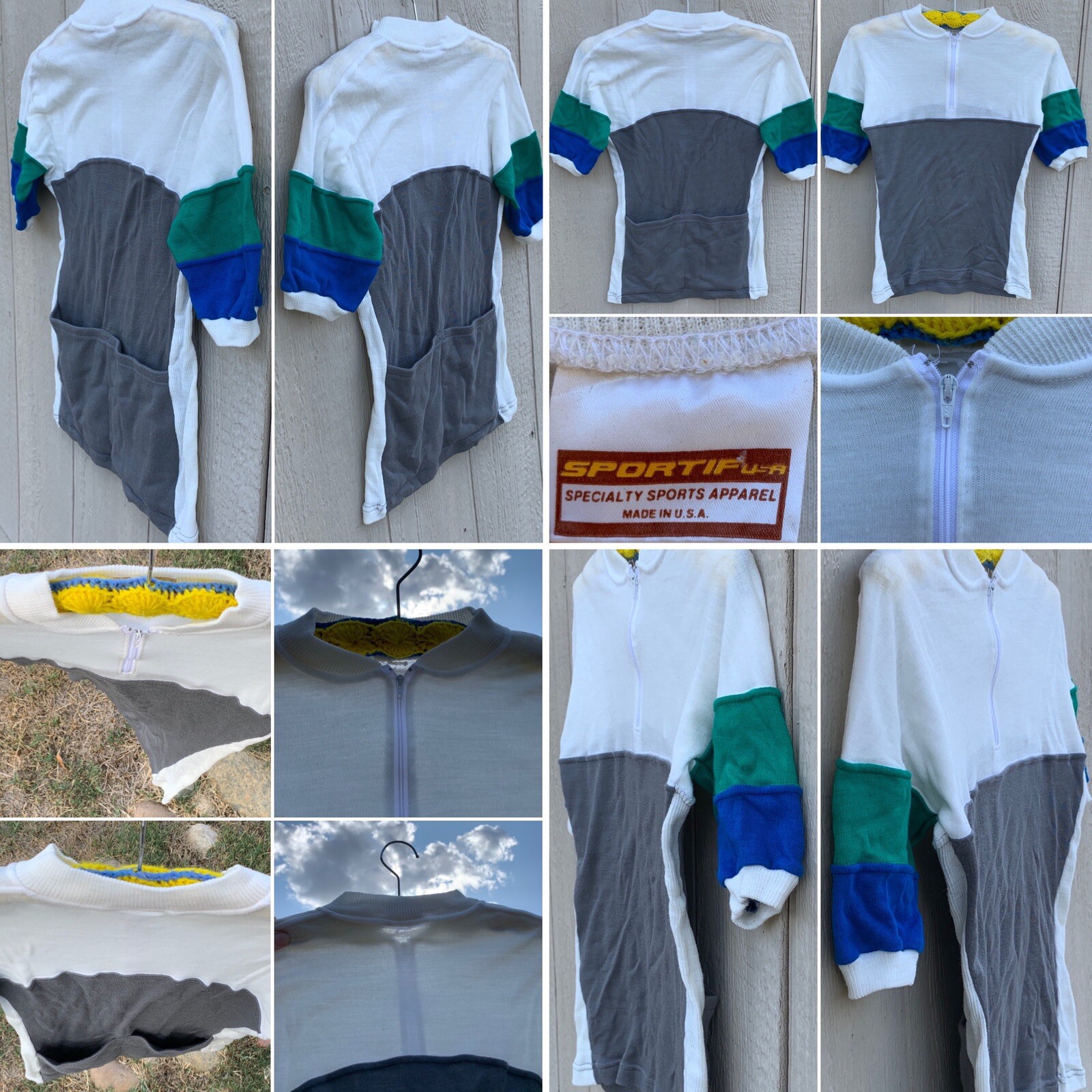 Vintage Sportif Cycling Jersey Color Block White Gray Blue Green XS or S ?