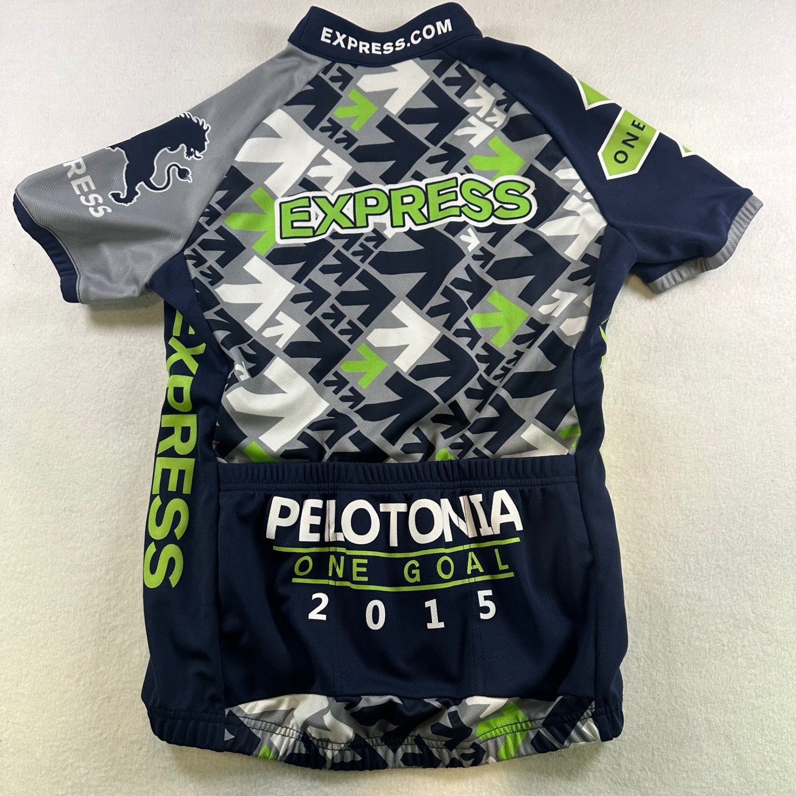 Express Pelotonia 2015 Cycling Jersey Mens Small Full Zip Grey Navy Green S
