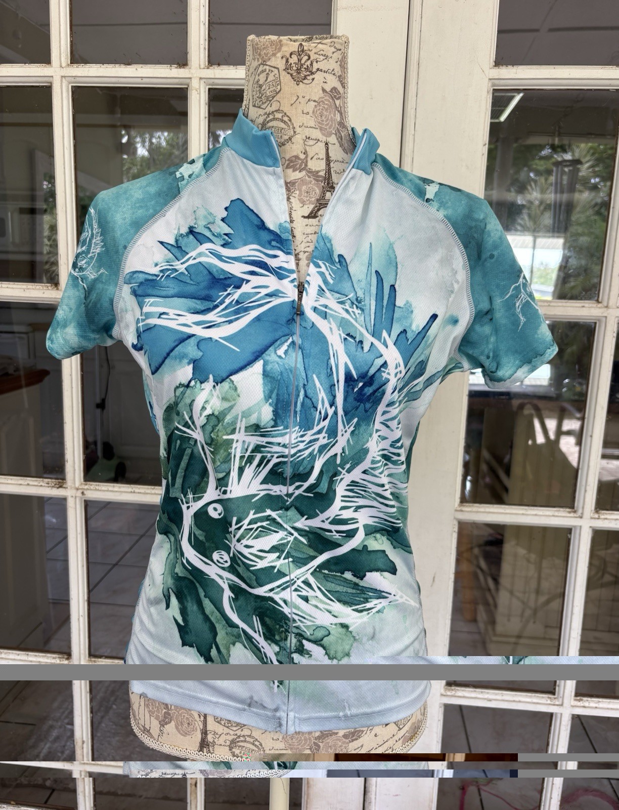 Primal Women’s Cycling Jersey, Sz M, Abstract Leaf Print, Aqua, Green, Pockets