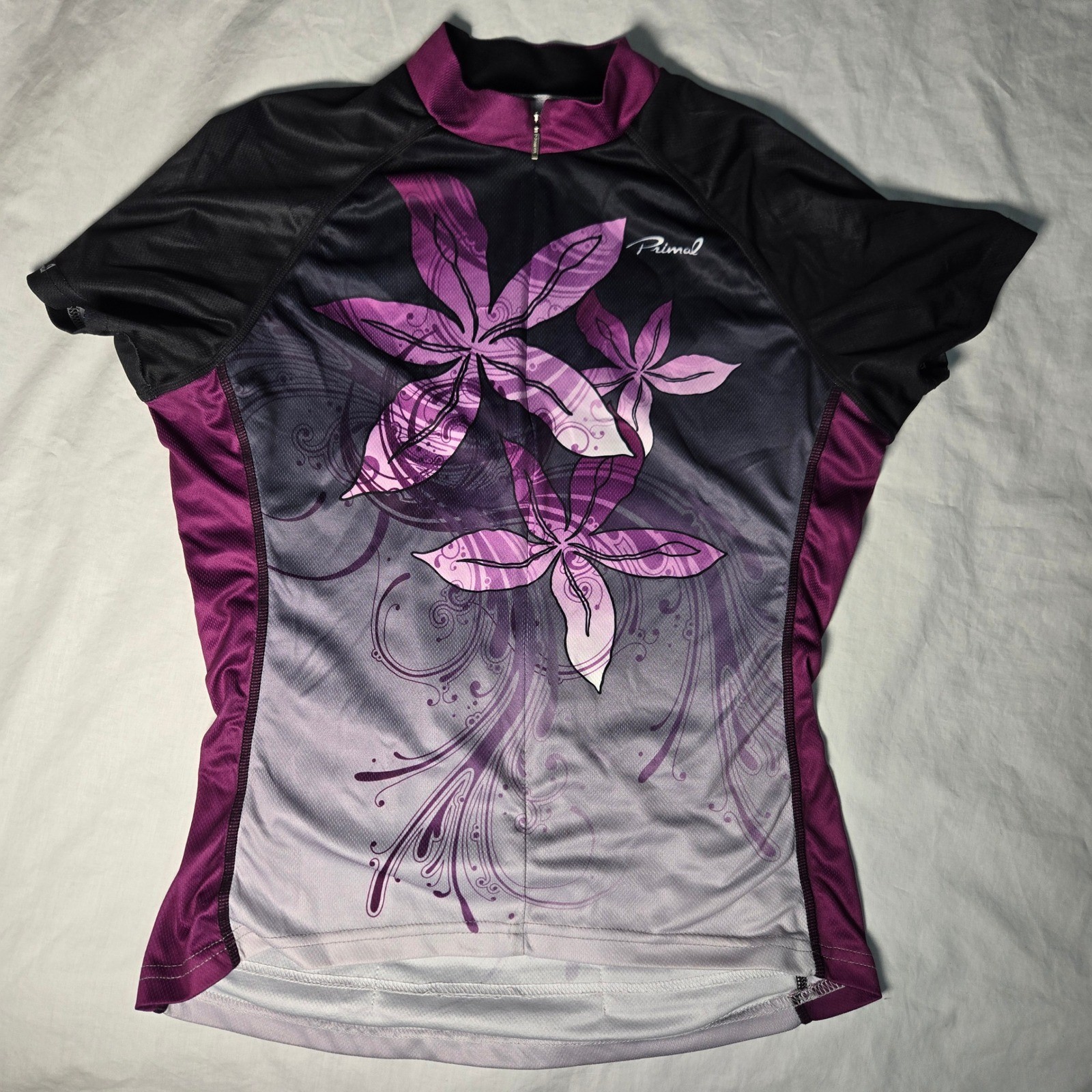 Primal Womens Cycling Jersey Purple Floral Short Sleeve Quarter Zip Size Medium