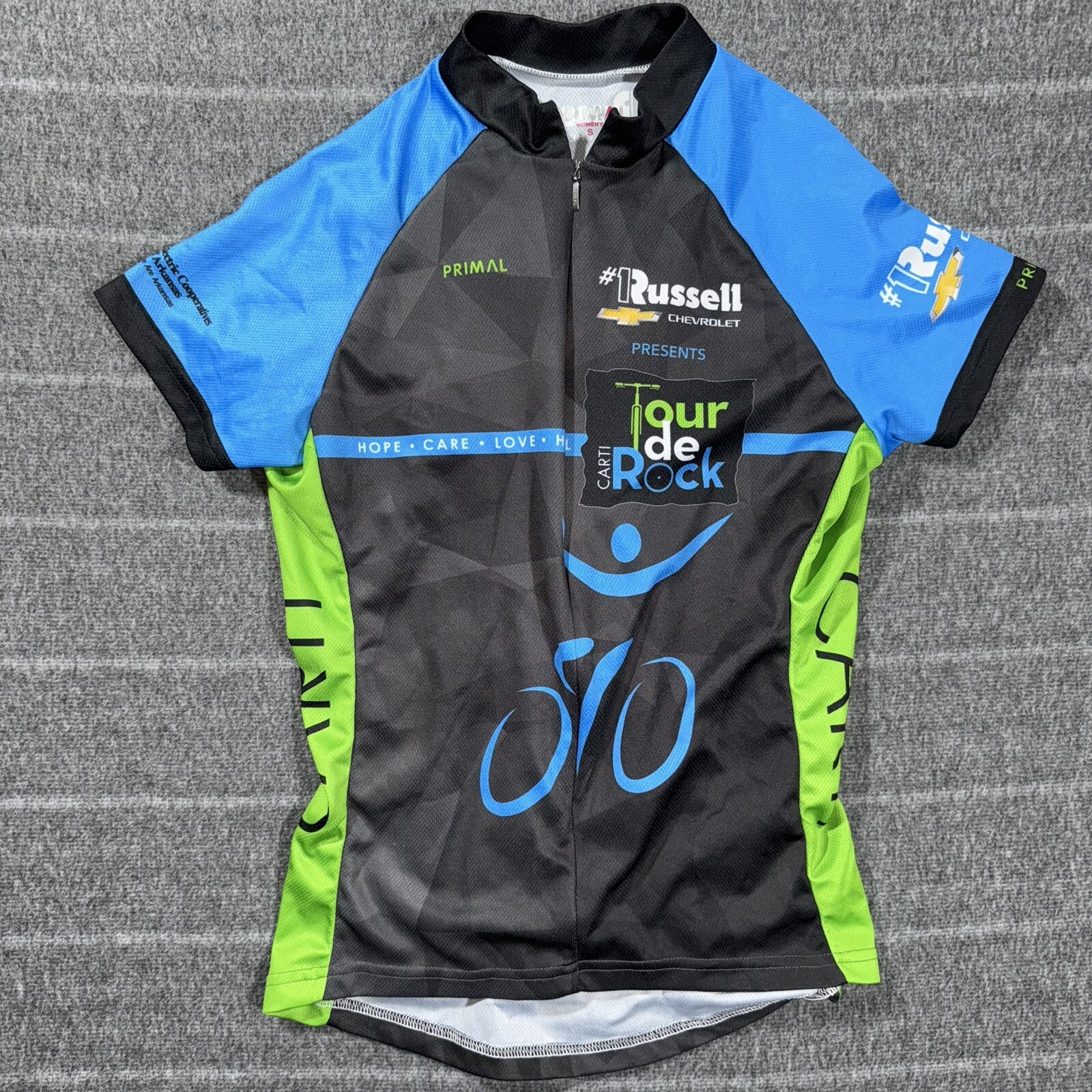 Primal Women’s Blue Black & Green Race Cut Jersey Size S Tour Da Rock Cycling