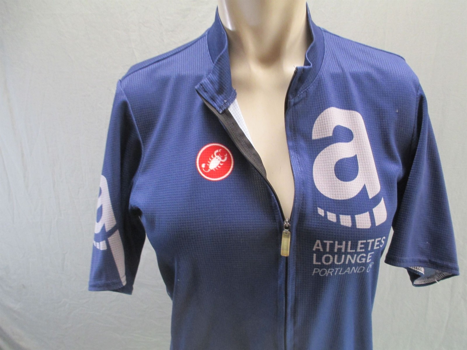 Castelli Size L Mens Blue Cycling Compression Full Zip Short Sleeve Logo Top 015