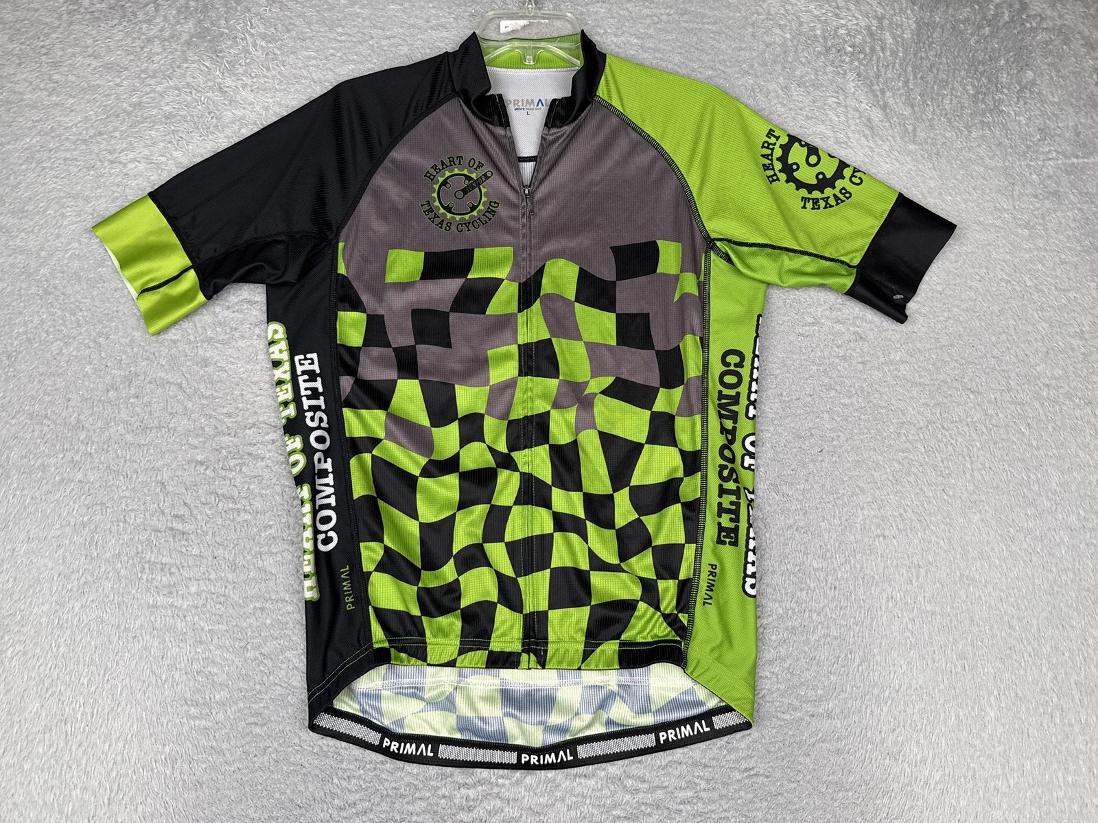 Primal Cycling Jersey Mens Large Green Black Check Graphic 1/4 Zip Pockets Bike