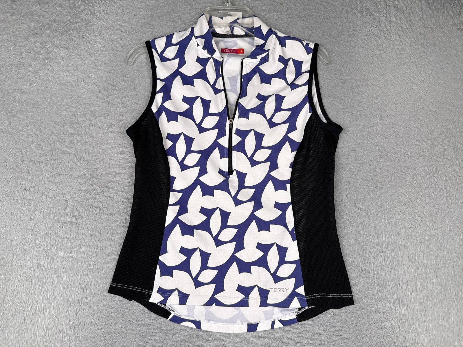 Terry Cycling Jersey Womens Medium Blue Floral Tank 1/4 Zip Pockets Bike