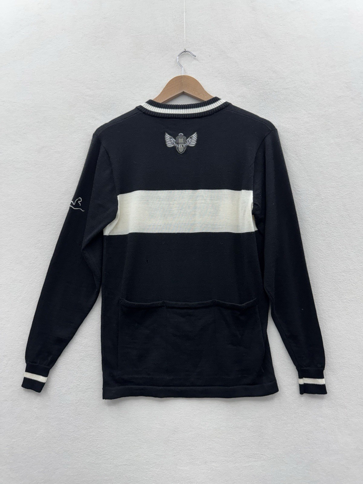 RARE VTG Earth Wind & Rider Small 100% Wool 1/4 Zip Cycling Jersey Black White