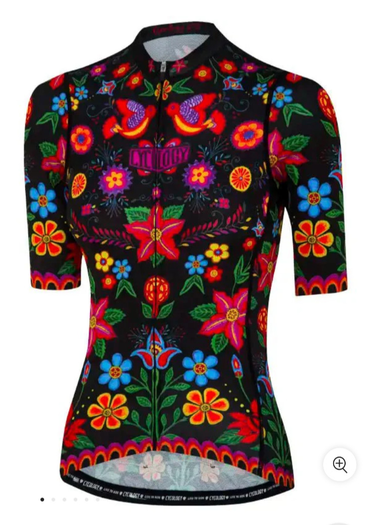 Women’s Cycology Frida Pro Jersey L Black floral birds full zip folk art cycling