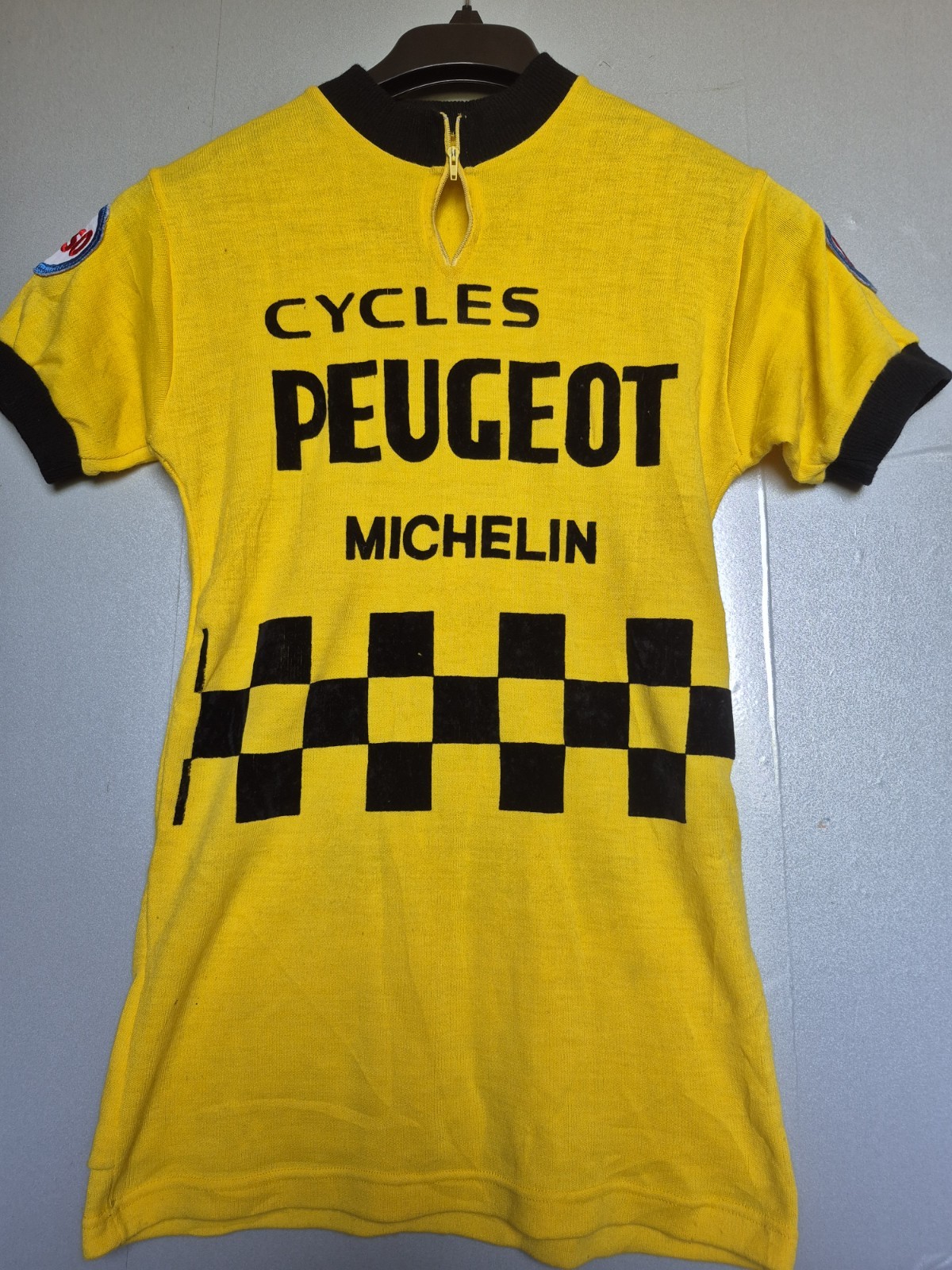 vtg Maillot Jaune Cycliste Peugeot Cycles Esso Acrylique 70’S vintage Michelin L