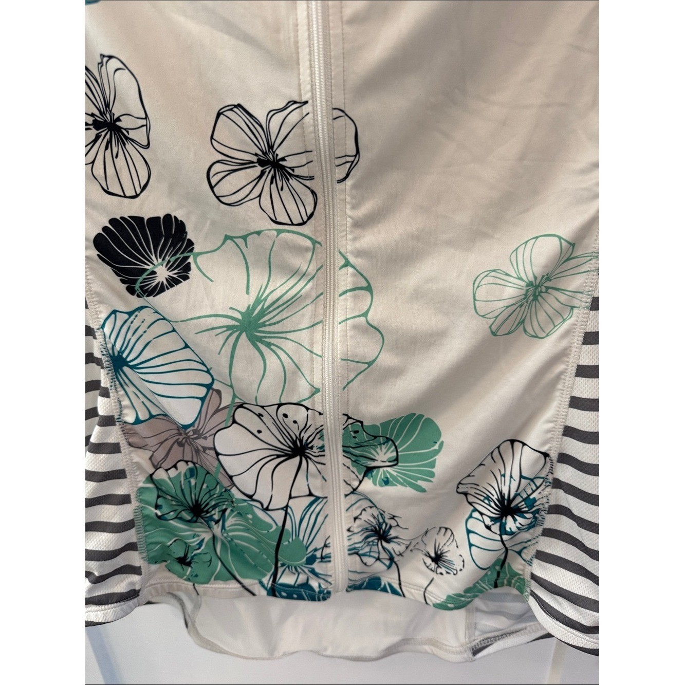 Sleeveless Floral Zip Cycling Jersey White Teal Black Accents Sporty Top