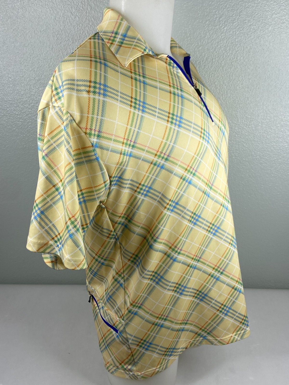 Alexander Julian Men Large Yellow Plaid Cycling Shirt 1/4 Zip Back Pockets