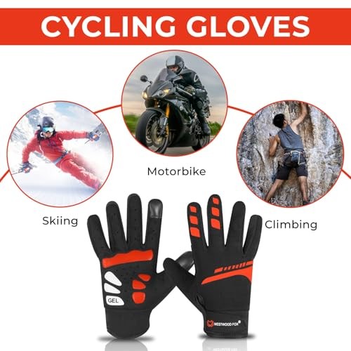Cycling Gloves for Men Women, Full Finger, Anti-Slip Touchscreen Medium Red