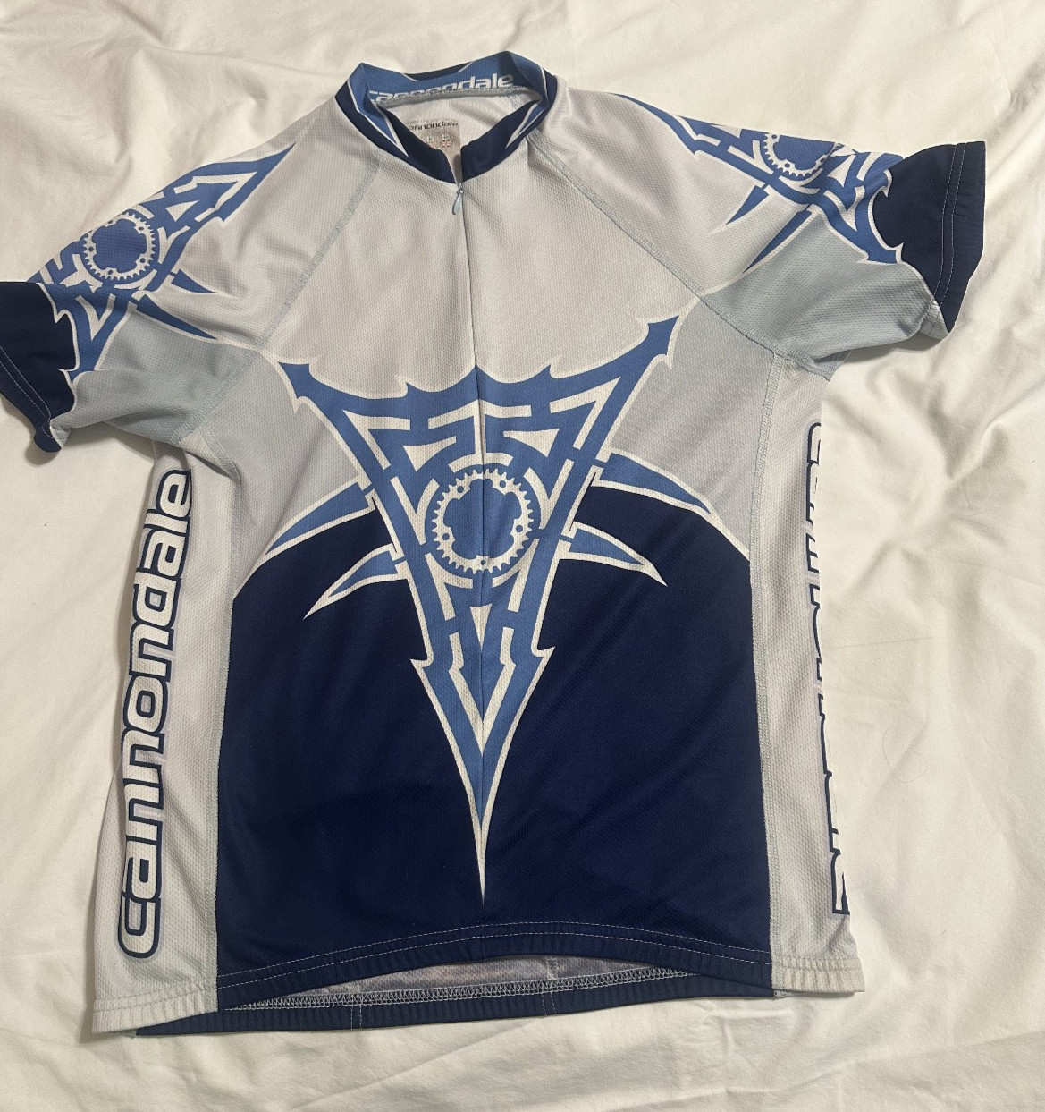 Men’s Medium Cannondale White Blue Short Sleeve Cycling Jersey Gears Graphic