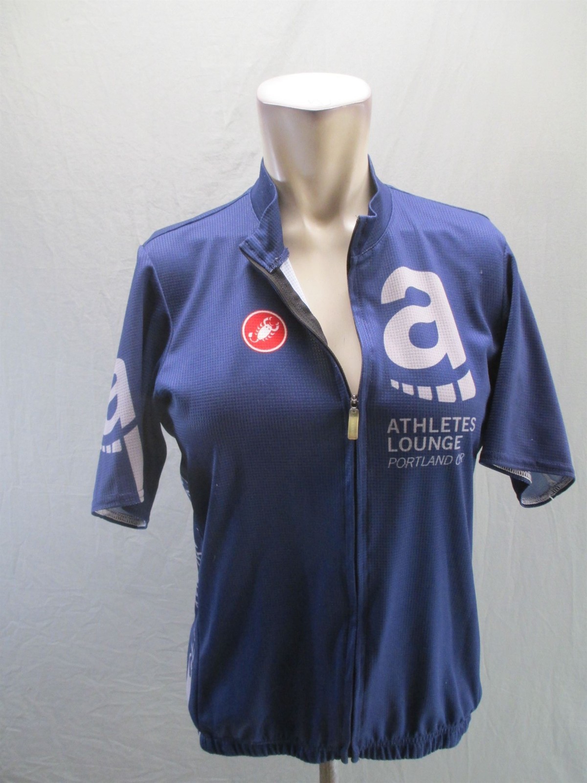 Castelli Size L Mens Blue Cycling Compression Full Zip Short Sleeve Logo Top 015