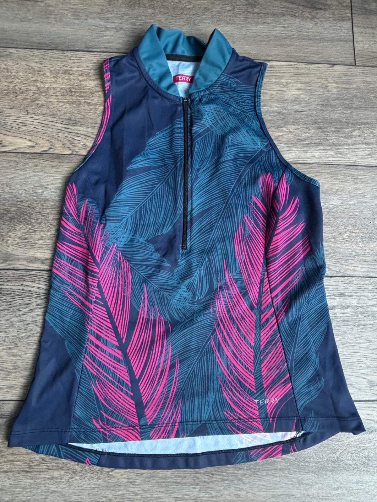 Terry Cycling Mesh Sleeveless Bike Jersey Tank Top Pink Blue Feathers Pockets L